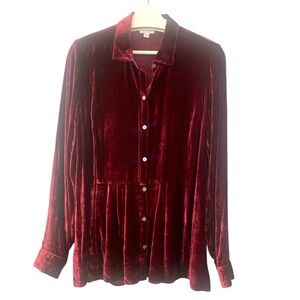J. Jill Velvet Button Down Top Burgundy Medium Tall Silk Blend Holiday Party